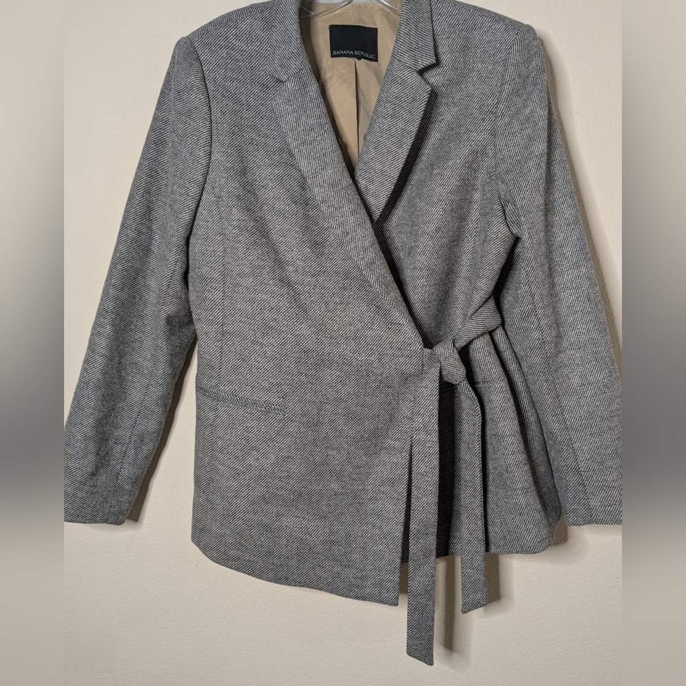 Banana Republic Wool Jacket 12 Petite Tie Waist Gray Coat
